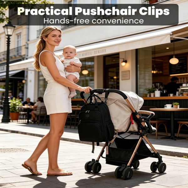 BCM2532 - Miss Lulu Stilvoller multifunktionaler Wickelrucksack mit isolierten Flaschenhaltern, Kinderwagenhaltern und Trolley-Schlaufe - Schwarz