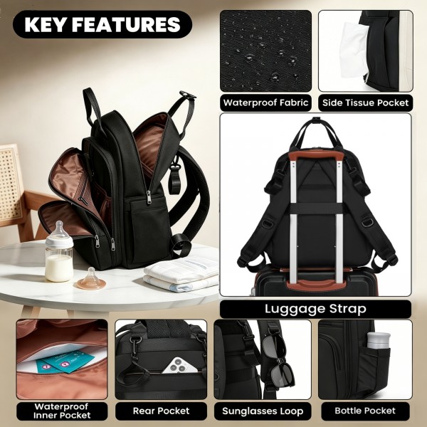 BCM2532 - Miss Lulu Stilvoller multifunktionaler Wickelrucksack mit isolierten Flaschenhaltern, Kinderwagenhaltern und Trolley-Schlaufe - Schwarz