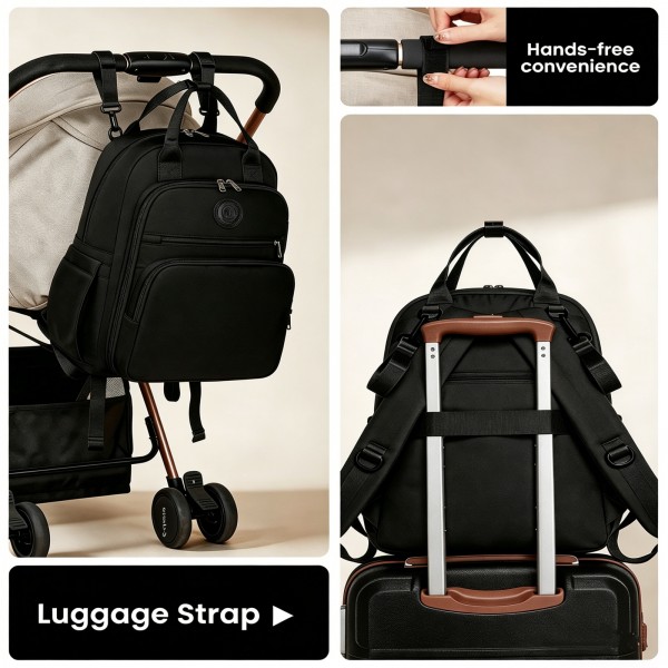 BCM2532 - Miss Lulu Stilvoller multifunktionaler Wickelrucksack mit isolierten Flaschenhaltern, Kinderwagenhaltern und Trolley-Schlaufe - Schwarz