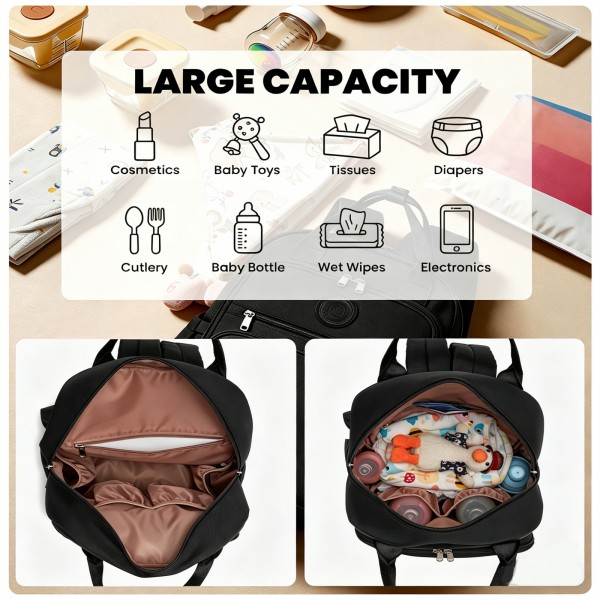 BCM2532 - Miss Lulu Stilvoller multifunktionaler Wickelrucksack mit isolierten Flaschenhaltern, Kinderwagenhaltern und Trolley-Schlaufe - Schwarz