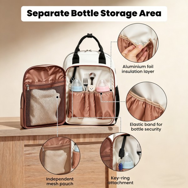 BCM2532 - Miss Lulu Stilvoller multifunktionaler Wickelrucksack mit isolierten Flaschenhaltern, Kinderwagenhaltern und Trolley-Schlaufe - Schwarz und Beige