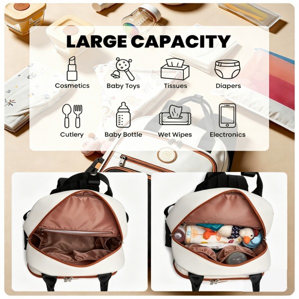 BCM2532 - Miss Lulu Stilvoller multifunktionaler Wickelrucksack mit isolierten Flaschenhaltern, Kinderwagenhaltern und Trolley-Schlaufe - Schwarz und Beige