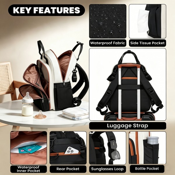 BCM2532 - Miss Lulu Stilvoller multifunktionaler Wickelrucksack mit isolierten Flaschenhaltern, Kinderwagenhaltern und Trolley-Schlaufe - Schwarz und Beige