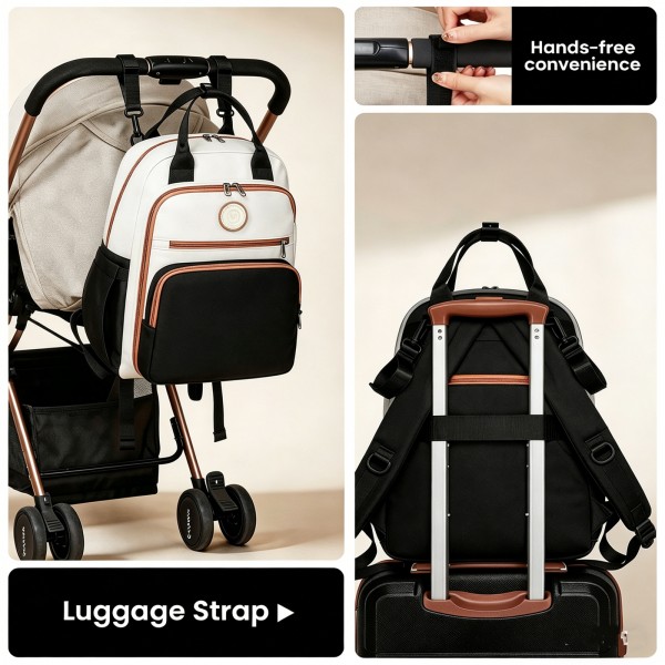 BCM2532 - Miss Lulu Stilvoller multifunktionaler Wickelrucksack mit isolierten Flaschenhaltern, Kinderwagenhaltern und Trolley-Schlaufe - Schwarz und Beige