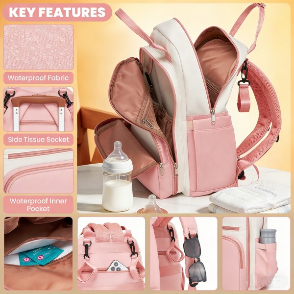 BCM2532 - Miss Lulu Stilvoller multifunktionaler Wickelrucksack mit isolierten Flaschenhaltern, Kinderwagenhaltern und Trolley-Schlaufe - Rosa und Beige