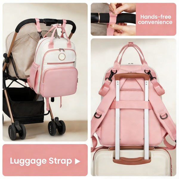 BCM2532 - Miss Lulu Stilvoller multifunktionaler Wickelrucksack mit isolierten Flaschenhaltern, Kinderwagenhaltern und Trolley-Schlaufe - Rosa und Beige