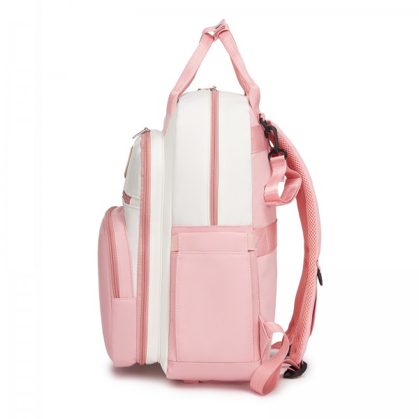 BCM2532 - Miss Lulu Stilvoller multifunktionaler Wickelrucksack mit isolierten Flaschenhaltern, Kinderwagenhaltern und Trolley-Schlaufe - Rosa und Beige