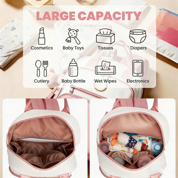 BCM2532 - Miss Lulu Stilvoller multifunktionaler Wickelrucksack mit isolierten Flaschenhaltern, Kinderwagenhaltern und Trolley-Schlaufe - Rosa und Beige