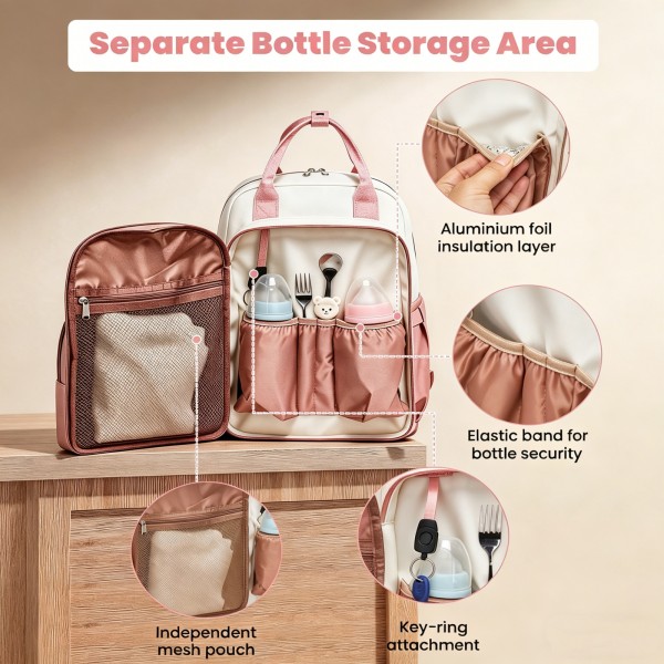 BCM2532 - Miss Lulu Stilvoller multifunktionaler Wickelrucksack mit isolierten Flaschenhaltern, Kinderwagenhaltern und Trolley-Schlaufe - Rosa und Beige