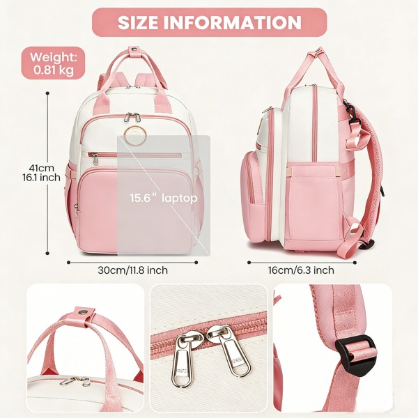 BCM2532 - Miss Lulu Stilvoller multifunktionaler Wickelrucksack mit isolierten Flaschenhaltern, Kinderwagenhaltern und Trolley-Schlaufe - Rosa und Beige