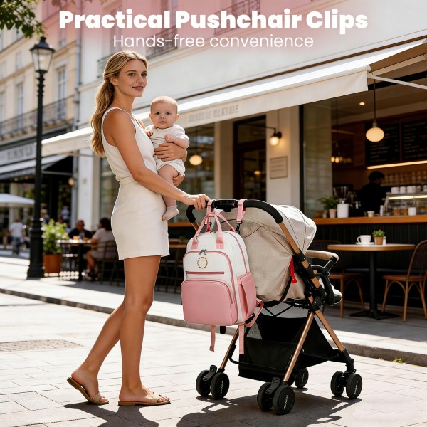 BCM2532 - Miss Lulu Stilvoller multifunktionaler Wickelrucksack mit isolierten Flaschenhaltern, Kinderwagenhaltern und Trolley-Schlaufe - Rosa und Beige