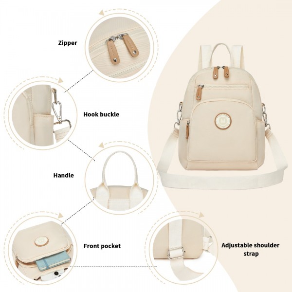 BPM2451 - Miss Lulu 3-in-1 Convertible Backpack with Removable Long Strap – Wear as Backpack, Shoulder or Crossbody Bag - Beige