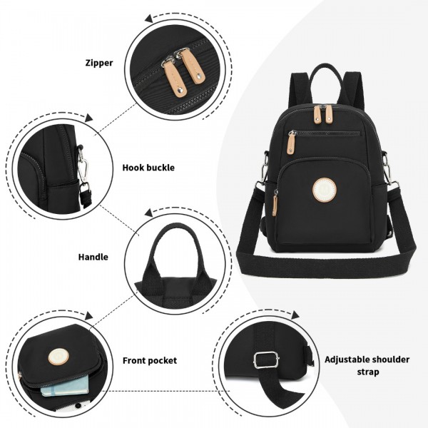 BPM2451 - Miss Lulu 3-in-1 Convertible Backpack with Removable Long Strap – Wear as Backpack, Shoulder or Crossbody Bag - Black