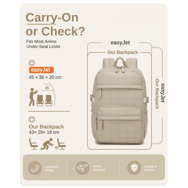 BPM2609 - Miss Lulu Quilted Lightweight Backpack, Fits 15.6 Inch Notebook, Cabin Approved Underseat Carry On Bag - Beige