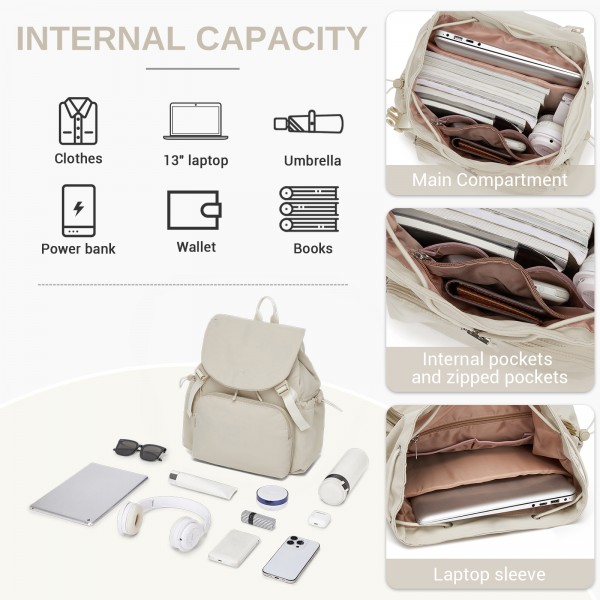BPM2610 - Miss Lulu Lightweight Nylon Drawstring Backpack – Casual Daily Rucksack with 13 Inch Laptop Sleeve for Travel & Commute - Beige