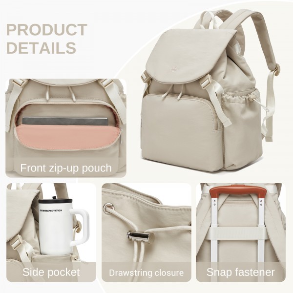 BPM2610 - Miss Lulu Lightweight Nylon Drawstring Backpack – Casual Daily Rucksack with 13 Inch Laptop Sleeve for Travel & Commute - Beige