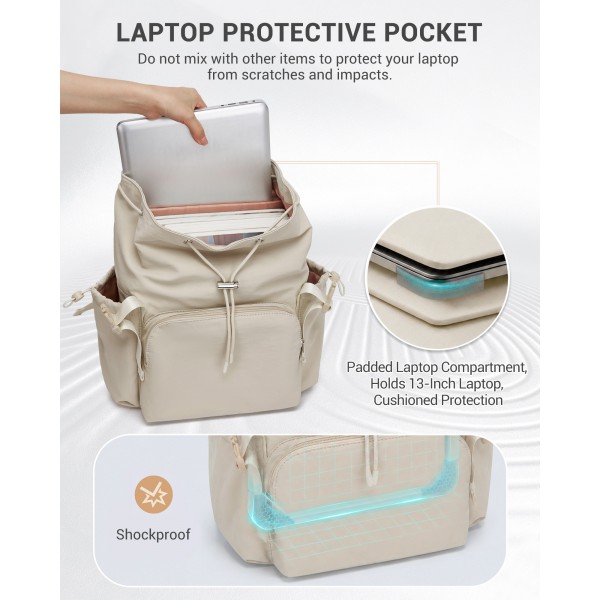BPM2610 - Miss Lulu Leichter Nylon-Zugbeutelrucksack – Lässiger Alltagsrucksack mit 13-Zoll-Laptopfach für Reisen und Pendeln - Beige