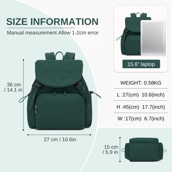 BPM2610 - Miss Lulu Lightweight Nylon Drawstring Backpack – Casual Daily Rucksack with 13 Inch Laptop Sleeve for Travel & Commute - Green