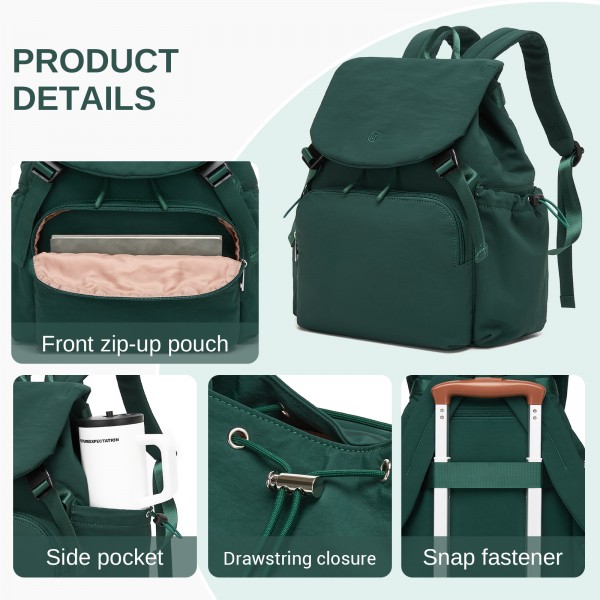 BPM2610 - Miss Lulu Lightweight Nylon Drawstring Backpack – Casual Daily Rucksack with 13 Inch Laptop Sleeve for Travel & Commute - Green