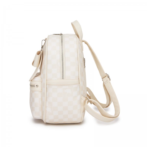 BPM2614 - Miss Lulu Checked PVC Backpack with Detachable Bow, Casual Women’s Daypack for School, Travel & Daily Use - Beige