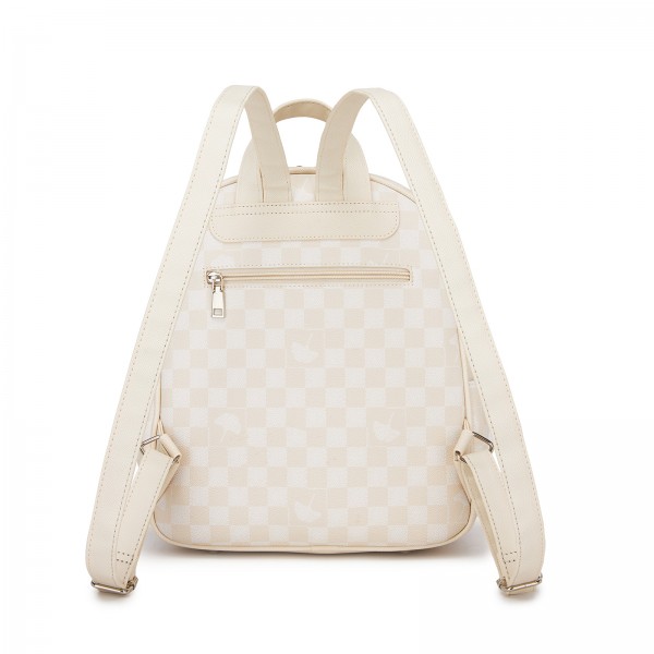 BPM2614 - Miss Lulu Checked PVC Backpack with Detachable Bow, Casual Women’s Daypack for School, Travel & Daily Use - Beige