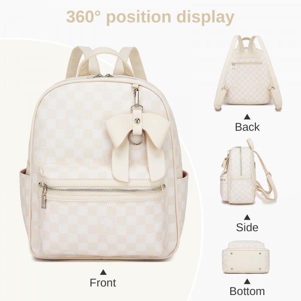 BPM2614 - Miss Lulu Checked PVC Backpack with Detachable Bow, Casual Women’s Daypack for School, Travel & Daily Use - Beige