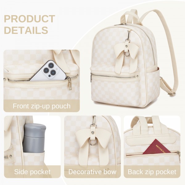 BPM2614 - Miss Lulu Checked PVC Backpack with Detachable Bow, Casual Women’s Daypack for School, Travel & Daily Use - Beige