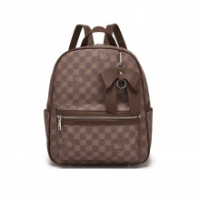 BPM2614 - Miss Lulu Checked PVC Backpack with Detachable Bow, Casual Women’s Daypack for School, Travel & Daily Use - Brown