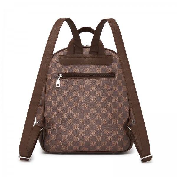BPM2614 - Miss Lulu Checked PVC Backpack with Detachable Bow, Casual Women’s Daypack for School, Travel & Daily Use - Brown