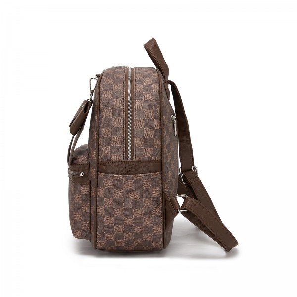 BPM2614 - Miss Lulu Checked PVC Backpack with Detachable Bow, Casual Women’s Daypack for School, Travel & Daily Use - Brown