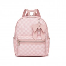 BPM2614 - Miss Lulu Checked PVC Backpack with Detachable Bow, Casual Women’s Daypack for School, Travel & Daily Use - Pink