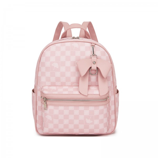 BPM2614 - Miss Lulu Checked PVC Backpack with Detachable Bow, Casual Women’s Daypack for School, Travel & Daily Use - Pink