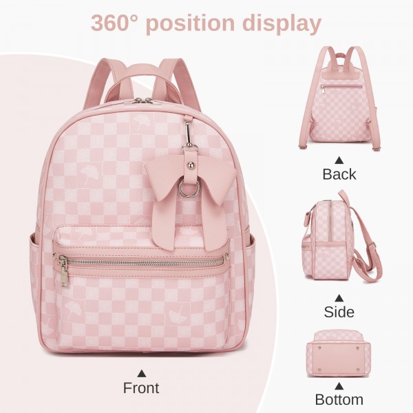 BPM2614 - Miss Lulu Checked PVC Backpack with Detachable Bow, Casual Women’s Daypack for School, Travel & Daily Use - Pink