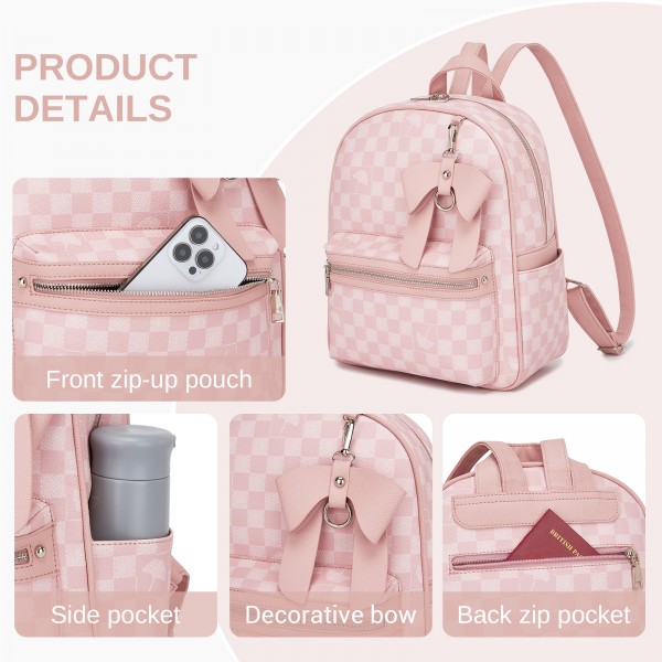 BPM2614 - Miss Lulu Checked PVC Backpack with Detachable Bow, Casual Women’s Daypack for School, Travel & Daily Use - Pink