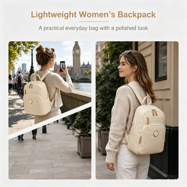 BPM2617 - Miss Lulu Women's Backpack, Water-Resistant Nylon Convertible Shoulder and Crossbody Bag for Travel Work - Beige