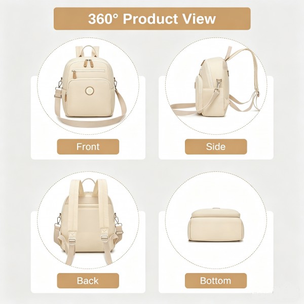 BPM2617 - Miss Lulu Women's Backpack, Water-Resistant Nylon Convertible Shoulder and Crossbody Bag for Travel Work - Beige