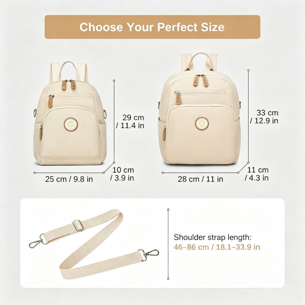 BPM2617 - Miss Lulu Women's Backpack, Water-Resistant Nylon Convertible Shoulder and Crossbody Bag for Travel Work - Beige