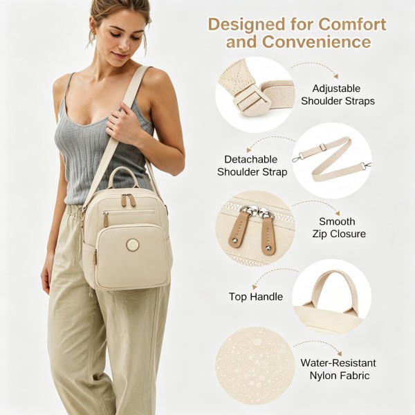 BPM2617 - Miss Lulu Women's Backpack, Water-Resistant Nylon Convertible Shoulder and Crossbody Bag for Travel Work - Beige