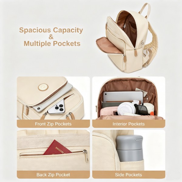 BPM2617 - Miss Lulu Women's Backpack, Water-Resistant Nylon Convertible Shoulder and Crossbody Bag for Travel Work - Beige