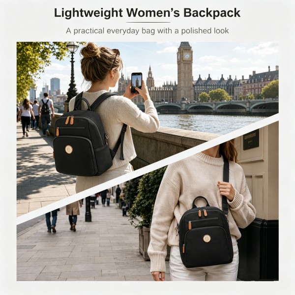 BPM2617 - Miss Lulu Women's Backpack, Water-Resistant Nylon Convertible Shoulder and Crossbody Bag for Travel Work - Black
