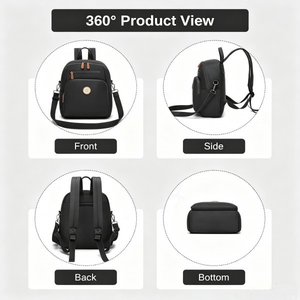 BPM2617 - Miss Lulu Women's Backpack, Water-Resistant Nylon Convertible Shoulder and Crossbody Bag for Travel Work - Black