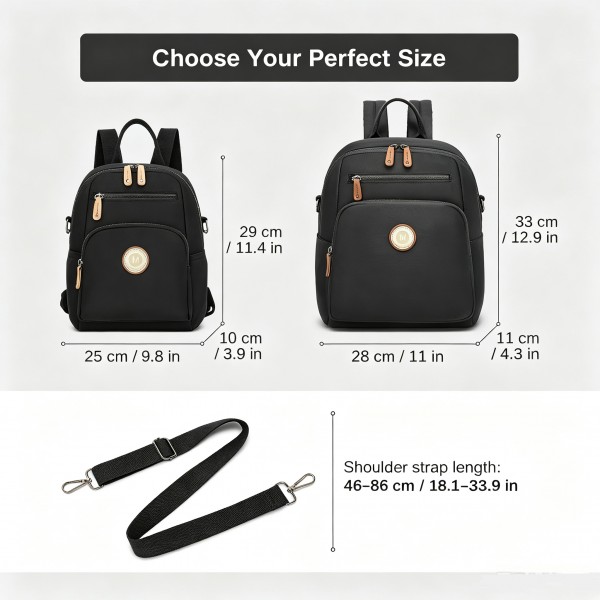 BPM2617 - Miss Lulu Women's Backpack, Water-Resistant Nylon Convertible Shoulder and Crossbody Bag for Travel Work - Black