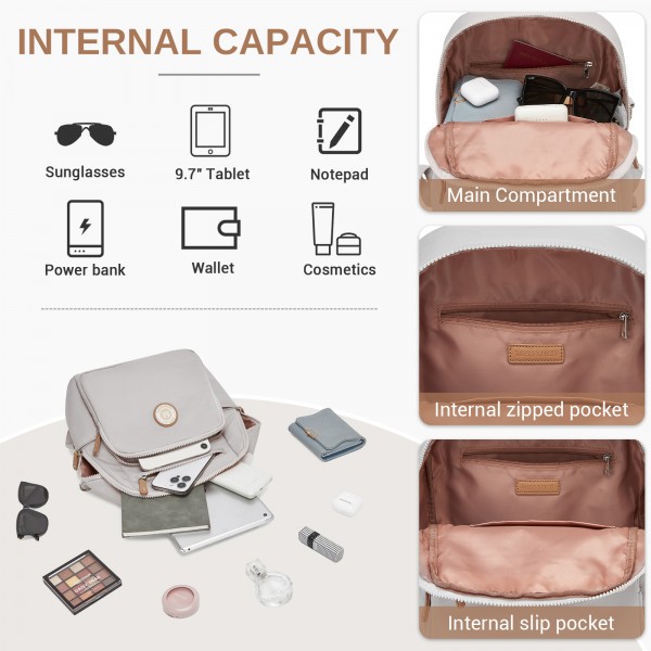 BPM2617 - Miss Lulu Women's Backpack, Water-Resistant Nylon Convertible Shoulder and Crossbody Bag for Travel Work - Light Grey