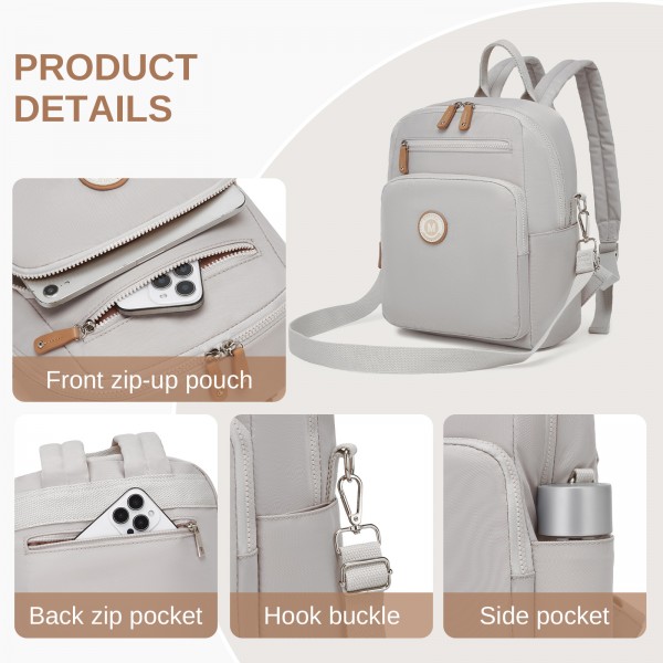 BPM2617 - Miss Lulu Women's Backpack, Water-Resistant Nylon Convertible Shoulder and Crossbody Bag for Travel Work - Light Grey
