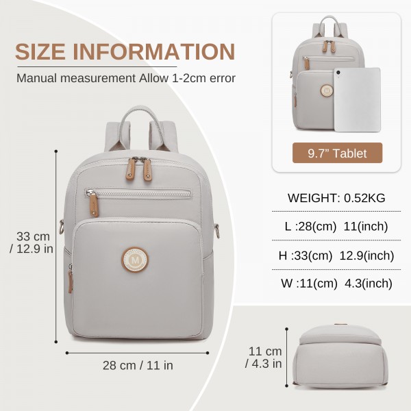 BPM2617 - Miss Lulu Women's Backpack, Water-Resistant Nylon Convertible Shoulder and Crossbody Bag for Travel Work - Light Grey