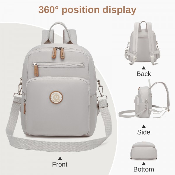 BPM2617 - Miss Lulu Women's Backpack, Water-Resistant Nylon Convertible Shoulder and Crossbody Bag for Travel Work - Light Grey