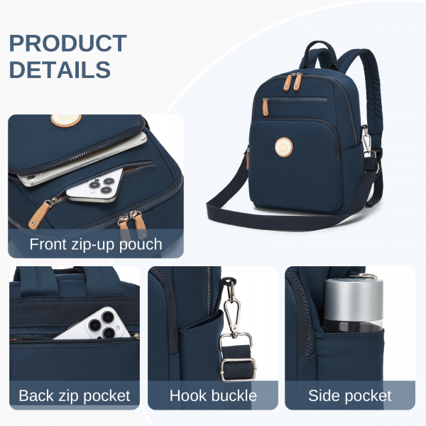 BPM2617 - Miss Lulu Women's Backpack, Water-Resistant Nylon Convertible Shoulder and Crossbody Bag for Travel Work - Navy