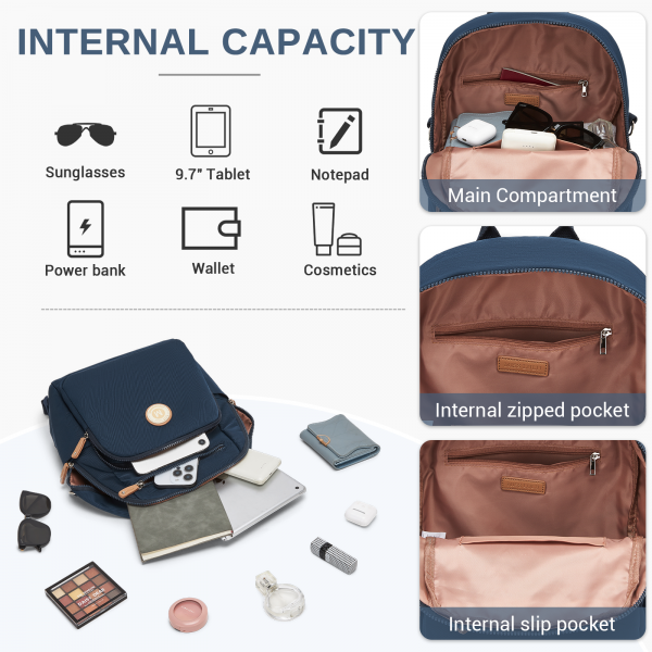 BPM2617 - Miss Lulu Women's Backpack, Water-Resistant Nylon Convertible Shoulder and Crossbody Bag for Travel Work - Navy