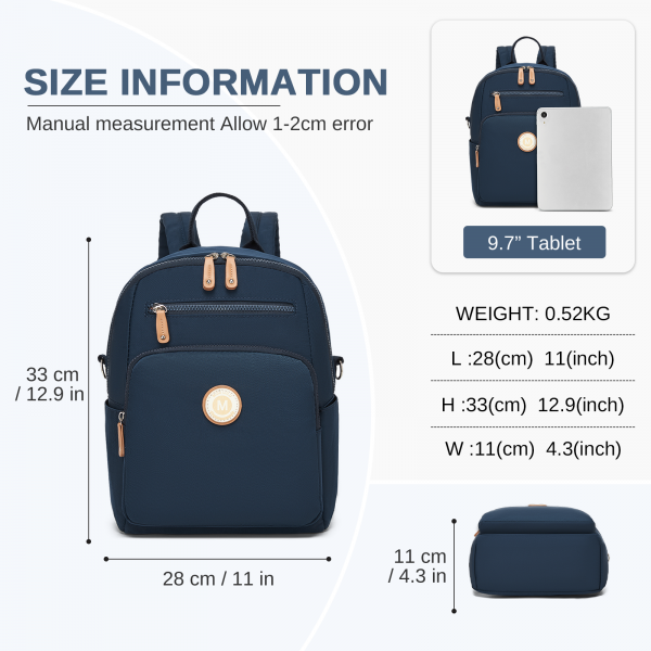 BPM2617 - Miss Lulu Women's Backpack, Water-Resistant Nylon Convertible Shoulder and Crossbody Bag for Travel Work - Navy