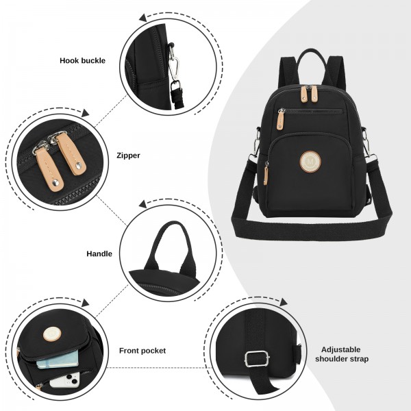 BPM2651 - Miss Lulu 3-in-1 Convertible Rucksack mit Abnehmbarem Langriemen – Tragbar als Rucksack, Schulter- oder Crossbody-Tasche - Schwarz